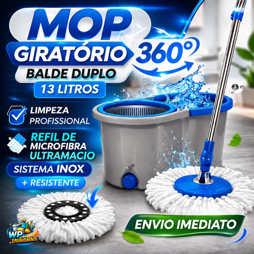 Mop 13L Giratório com Refil de Microfibra Cabo Inox Balde Duplo Spin Esfregão Limpeza Profissional