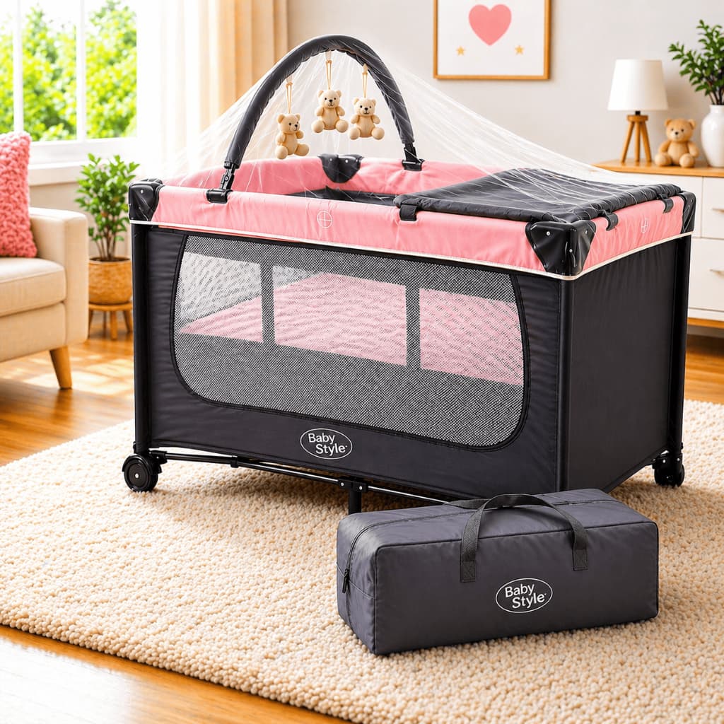 Berço Cercado Joly Infantil com Trocador Mobile Mosquiteiro e Brinquedo Desmontável e Portátil Baby Style