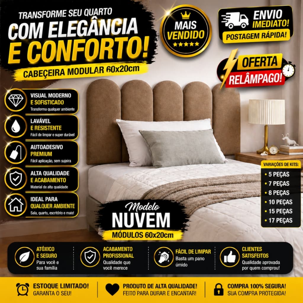 Kit 5 Cabeceira Estofada Adesiva em Modulos Nuvem 60x20 para Cama de Solteiro