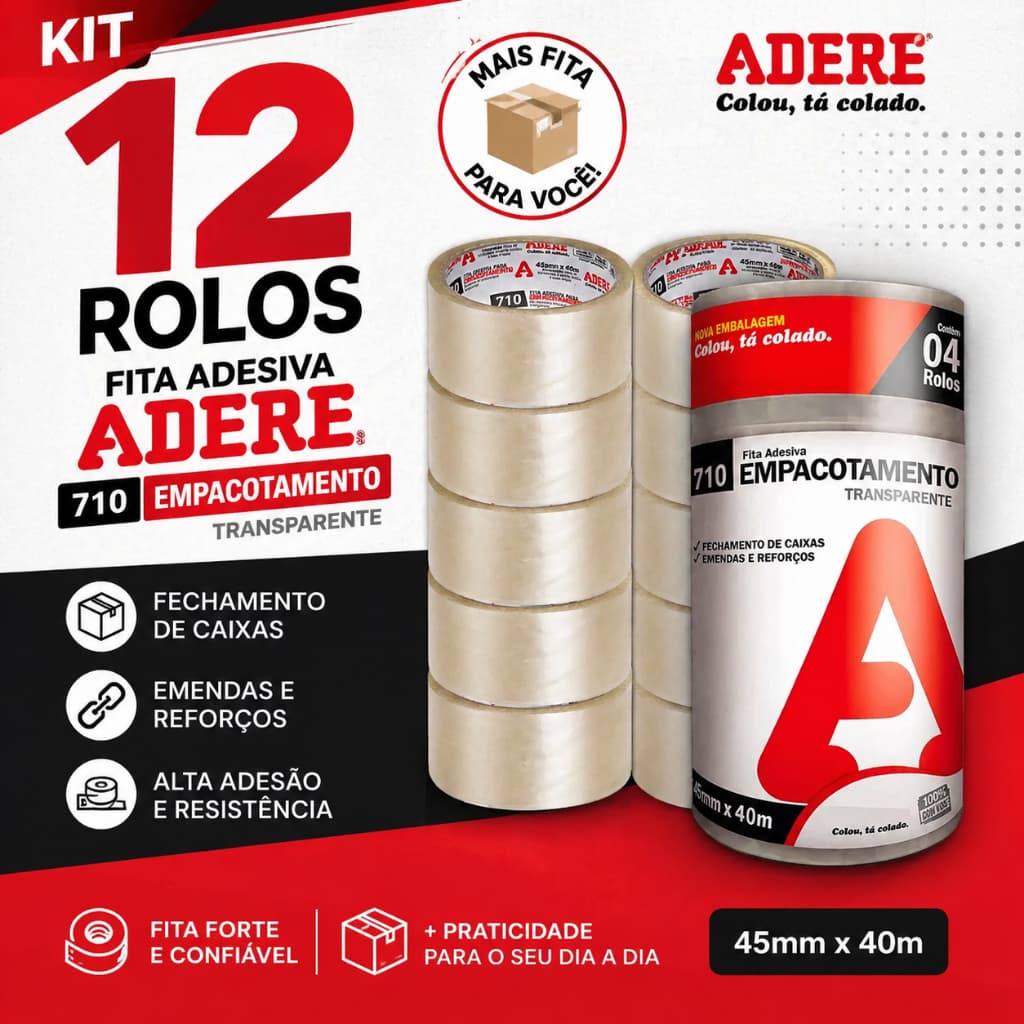 Kit 12 Fitas Adesivas Transparente 45mm x 40m Adere Empacotamento