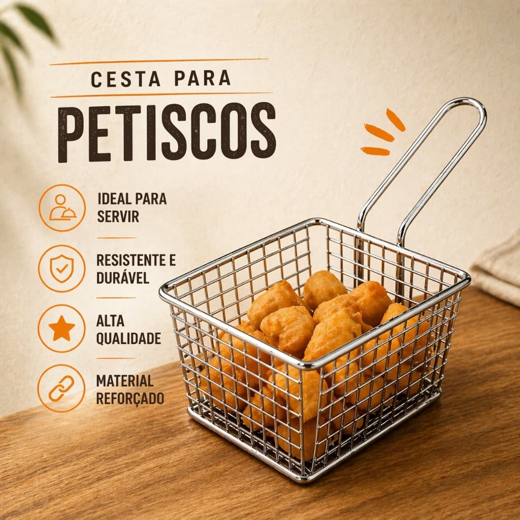Cesta para Petiscos em Aço Inox com Alça | Servir Batata Frita Porções Restaurante
