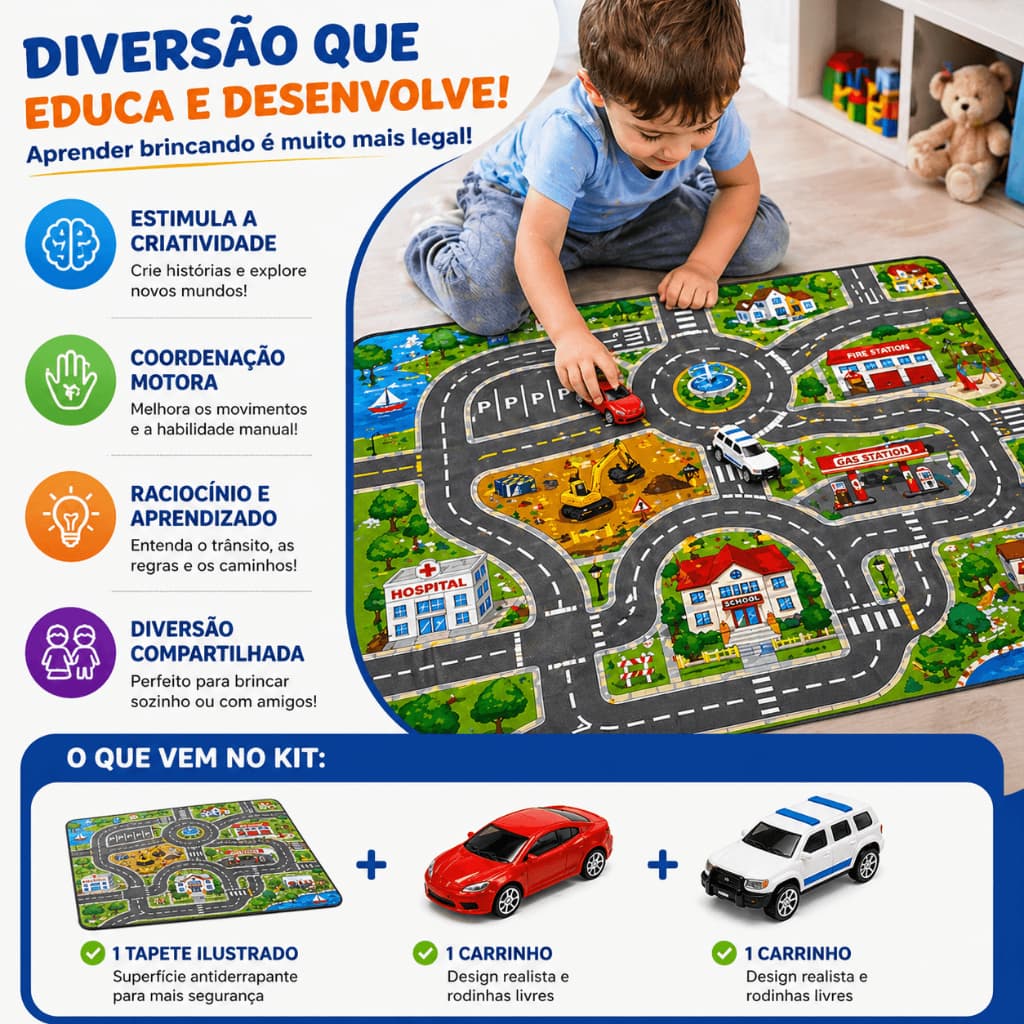 Tapete Infantil com Carrinhos e Acessórios Brinquedo Educativo 80 X 70 CM Diversão Garantida