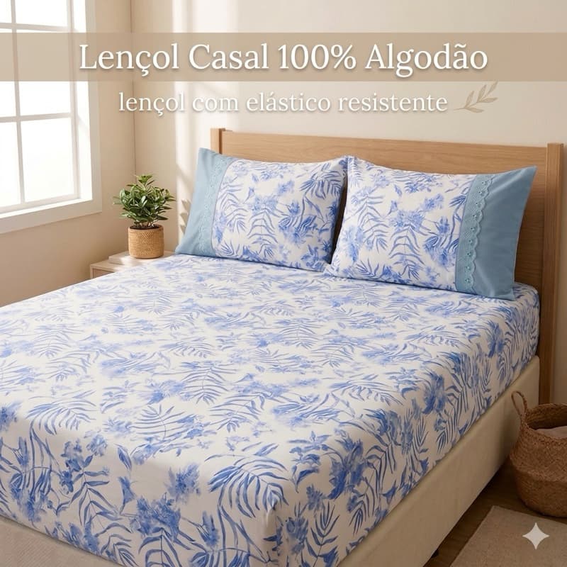 Lençol Casal Ou Queen Para Cama Box 100% Algodão - Lençol e Duas Fronhas Kit Econômico
