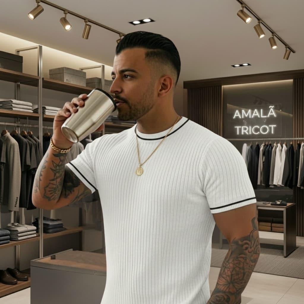 Camiseta Masculina de Tricot Slim Gola Redonda Manga Curta Padrão Chique