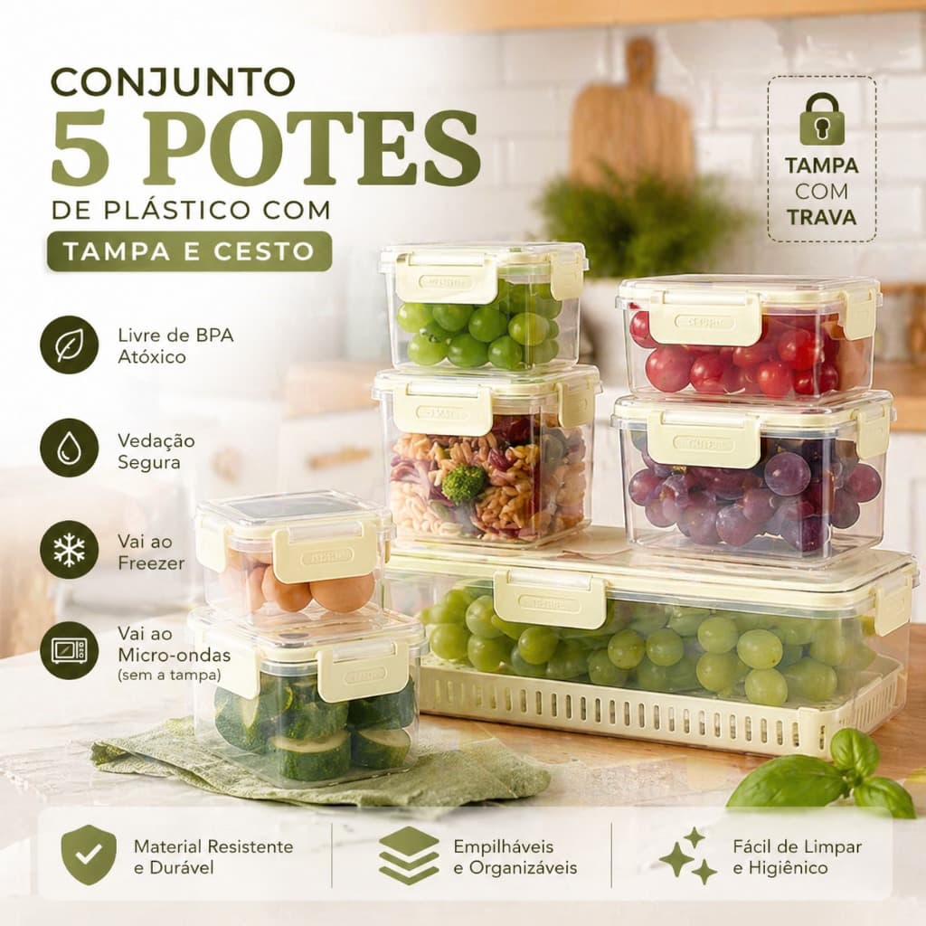 Conjunto 5 Potes Plastico Tampas Hermeticas Diversos Tamanhos Organizador Cozinha Conservacao