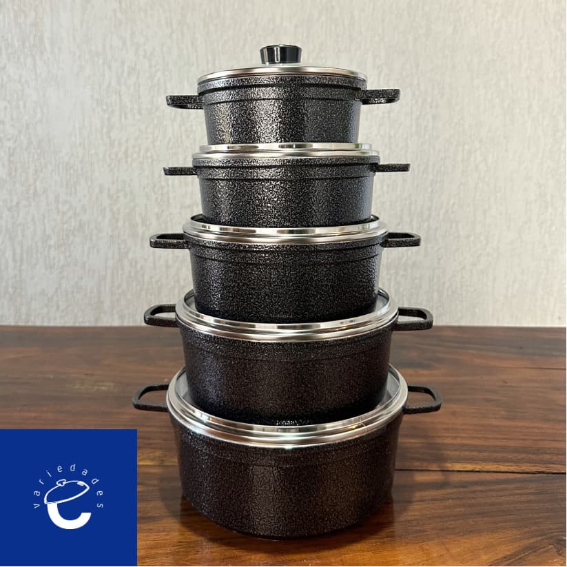 Jogo de Panelas CAVA CRAQUEADO Tampa De Vidro Aluminio Fundido Cabo Alumínio Conjunto 5 peças 16-24