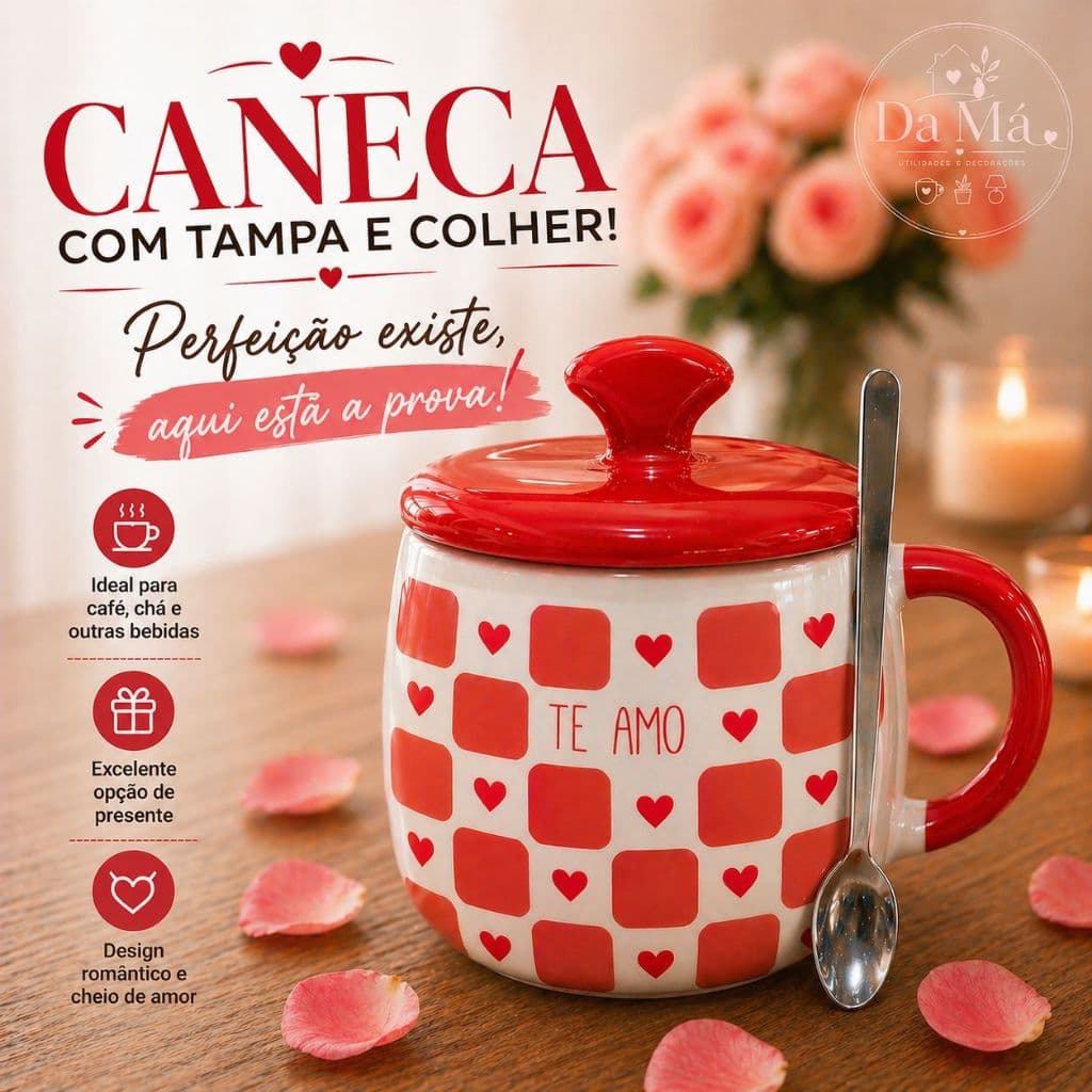 Xícara Caneca Porcelana Cerâmica 420ml Com Tampa Colher Presente Cozinha Fofa Microondas Café Amigas