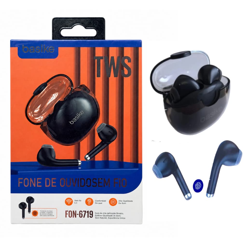 Fone De Ouvido Sem Fio Wireles Bluetooth 5.3 Tws Preto Basike