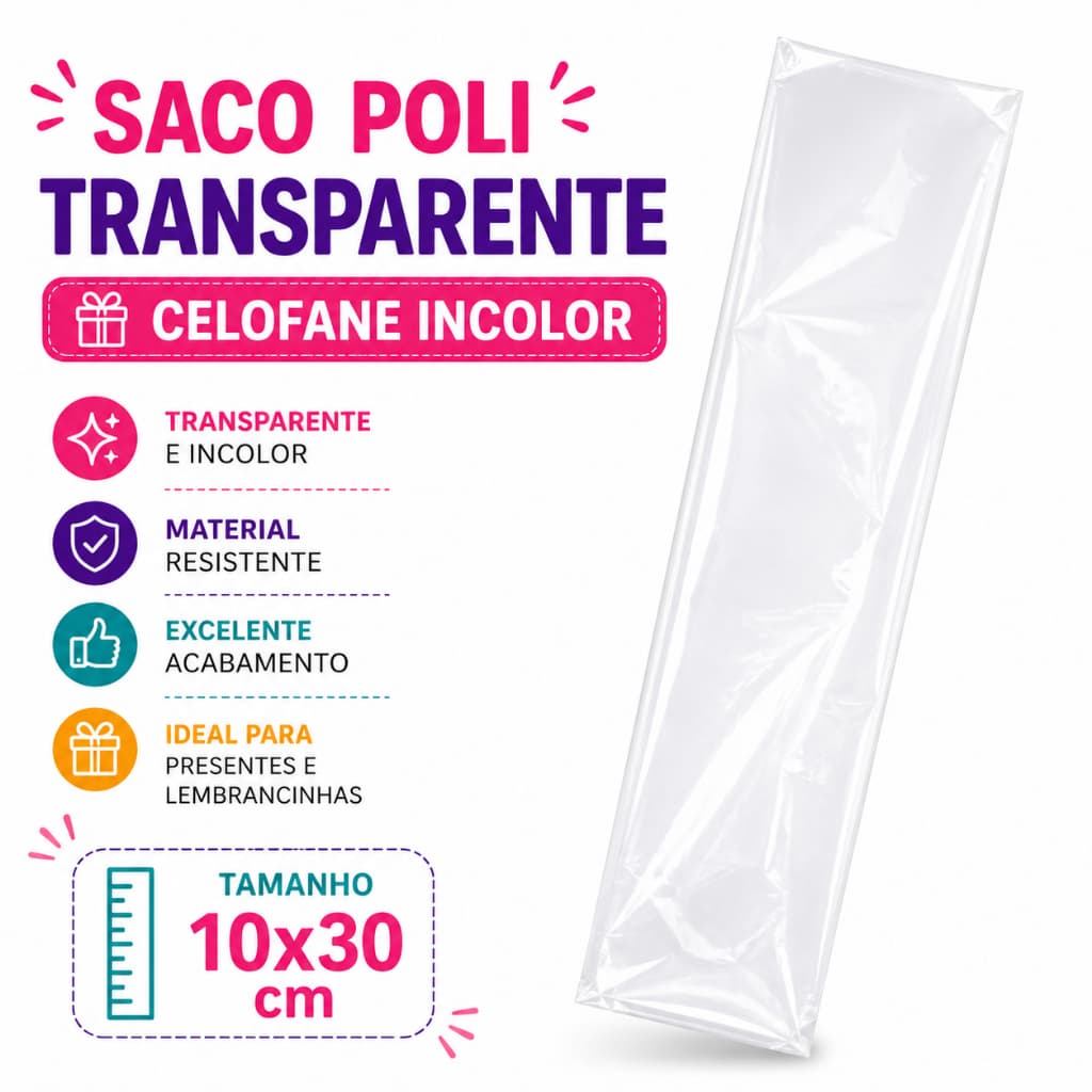 Saco Poli Transparente Celofane Incolor 10x30cm Embalagem  para Presentes Lembrancinhas Natal Doces