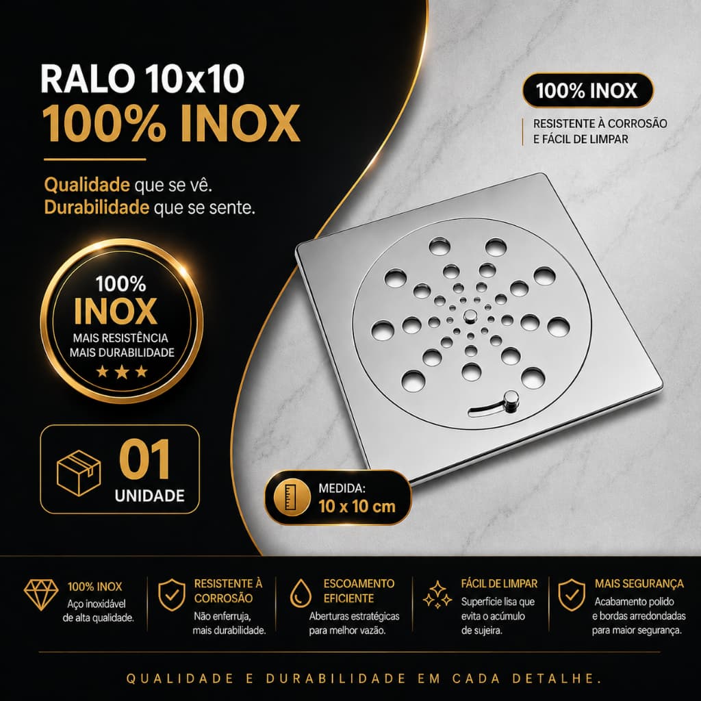 Ralo Grelha Em Inox 9,5 x 9,5 Cm Para Banheiro, Ralo Inox