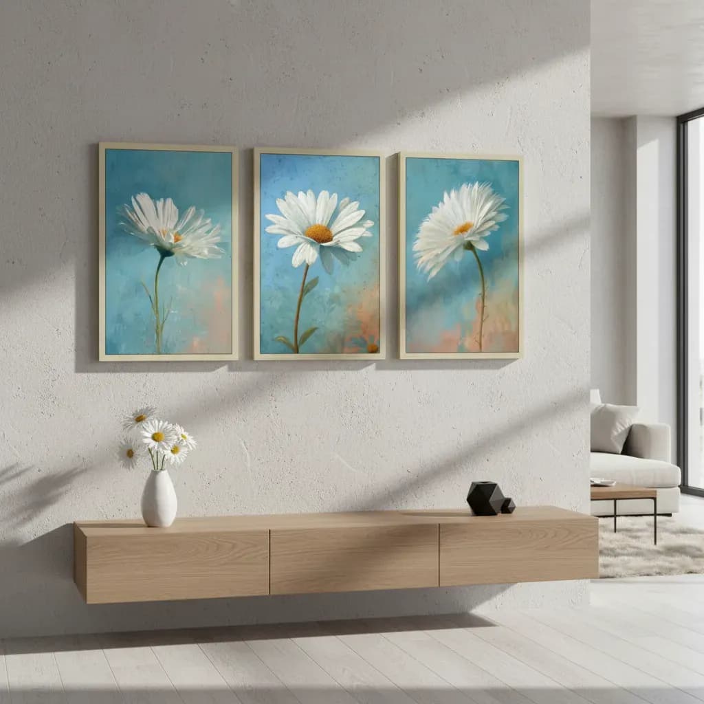 Kit 3 Lindos e Delicados Quadros Decorativos Flores Margaridas Pintura Moldura Moderno Elegante