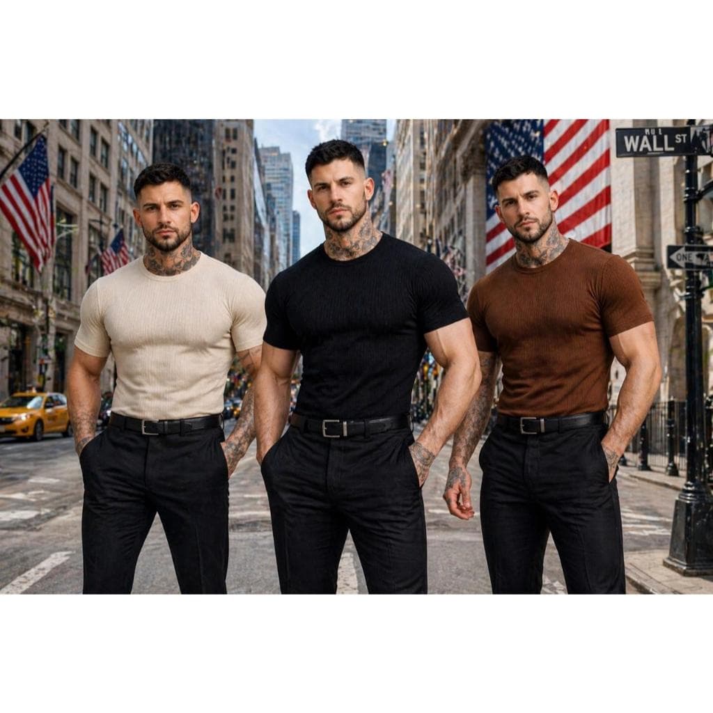 Camiseta Masculina Canelada tecido Premium estilo americano slim justo ao corpo disponível em 3 cores