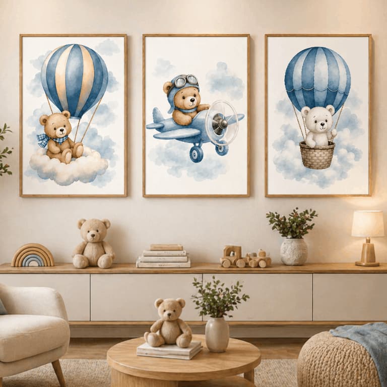 Quadro Ursinho Aviador Decorativo Infantil Para Quarto de Menino MDF Autocolante Envio Full
