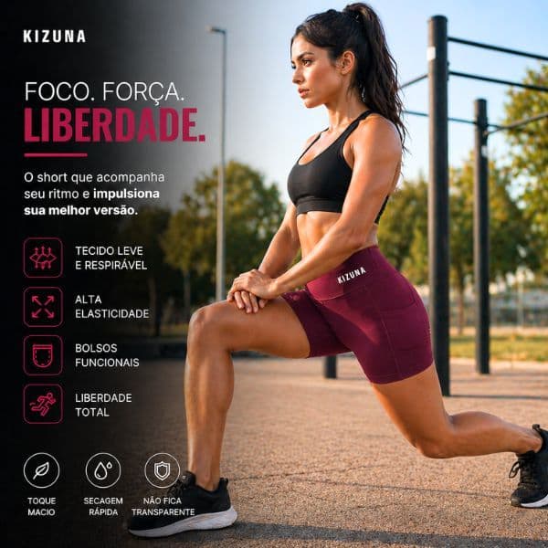 Short Feminino Kizuna Premium Suplex com 2 Bolso Porta Celular Academia Cintura Alta Compressão Treino Confortável