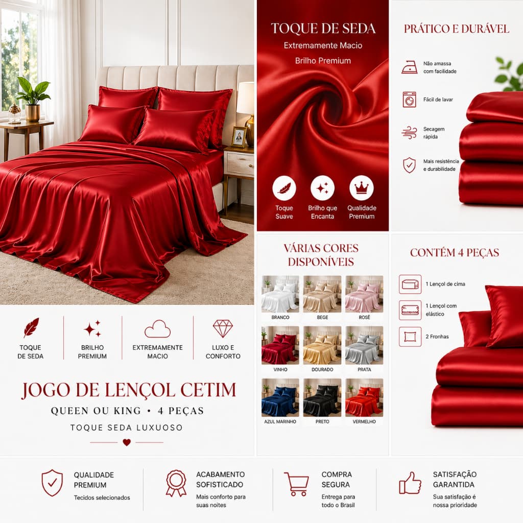Jogo De Cama  King Size 04 Peças Tecido Cetim Charmousse Sedosso Luxuosso Promoção
