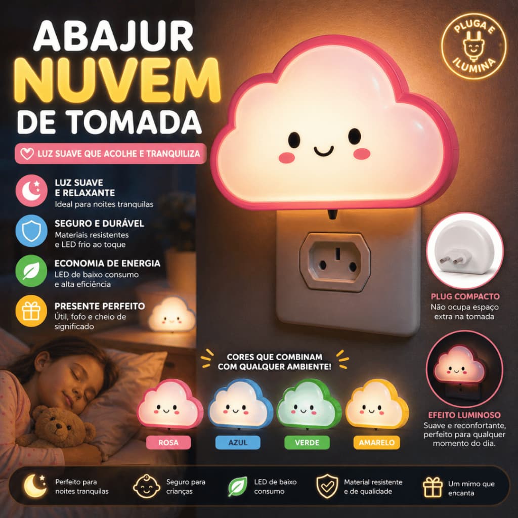 ABAJUR DE TOMADA COM LED - NUVEM