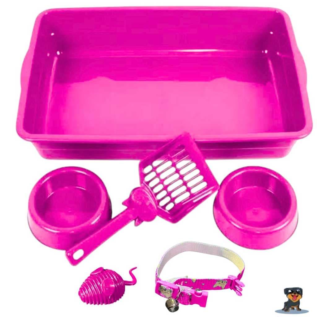 Caixa De Areia Para Gatos Pá Comedouro Coleira Brinquedo Kit Felino Completo