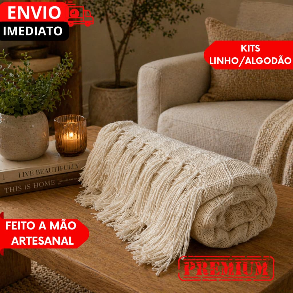 KIT 1/2 UN Manta p/ Sofás GIGANTE feita em algodão para camas, sofás. Detalhe Quadriculado artesanal