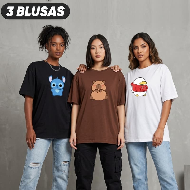 Camiseta Feminina 3 Unidades Oversized Street Wear Algodão Cores Preto Marrom e Off White