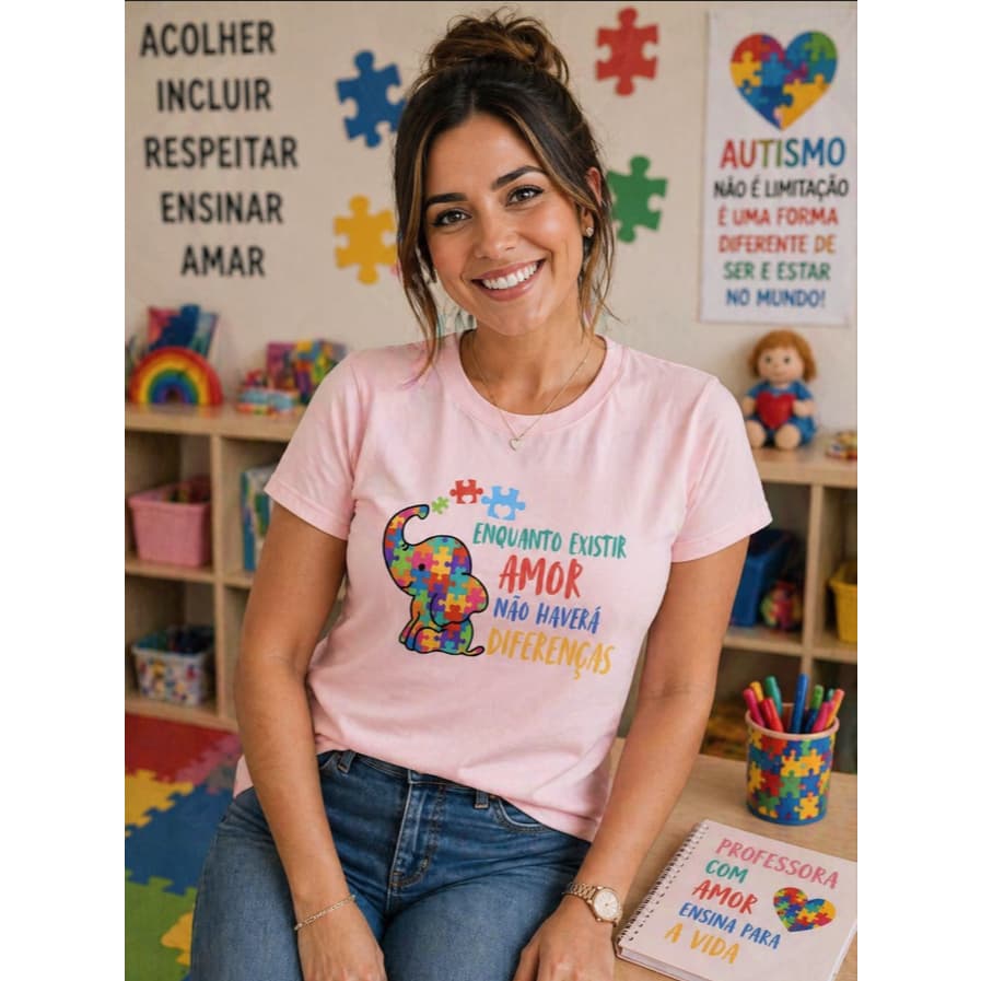 Camiseta  Autismo T-Shirt Feminina Estampada Autista  Enquanto Existir Amor Algodão