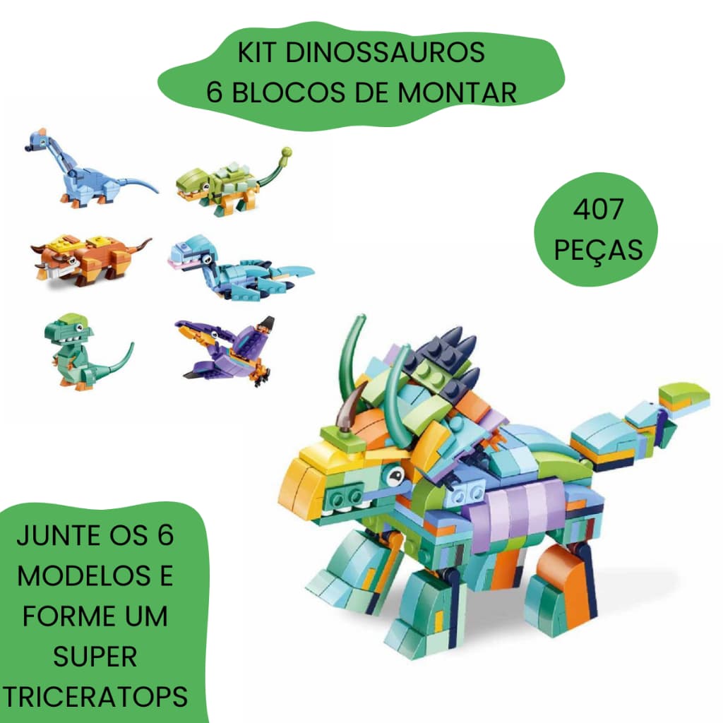 Kit Inblox Mega Dino 407 Peças 6 Modelos Blocos de Montar Infantil Educativo Dinossauro +6 Anos