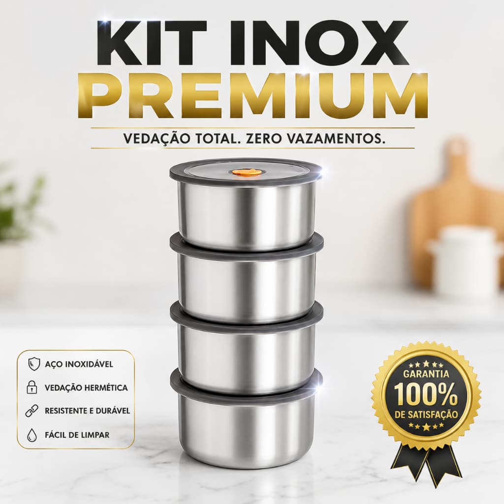 Kit Pote 4 Recipientes Hermeticos Inox 450ml Armazenamento Frescor Cozinha