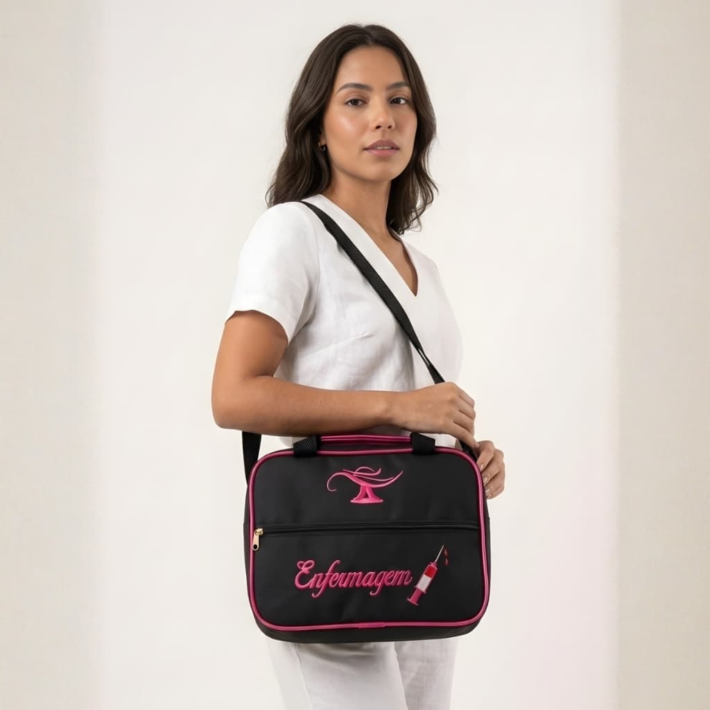 Bolsa Bordada Seringa de Enfermagem com Alça Tiracolo, Alça de Mão e Verso Transparente
