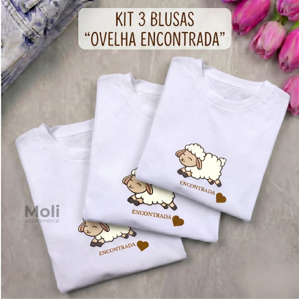 kit  3  Camisetas  Femininas   "ovelha encontrada"   100% ALGODÃO