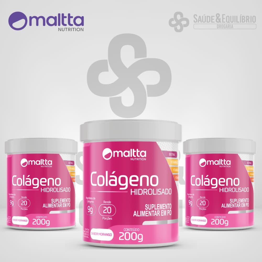 Colágeno Hidrolisado 200g com Biotina e Vitaminas C D E Sabor Morango Maltta Nutrition Saúde Pele