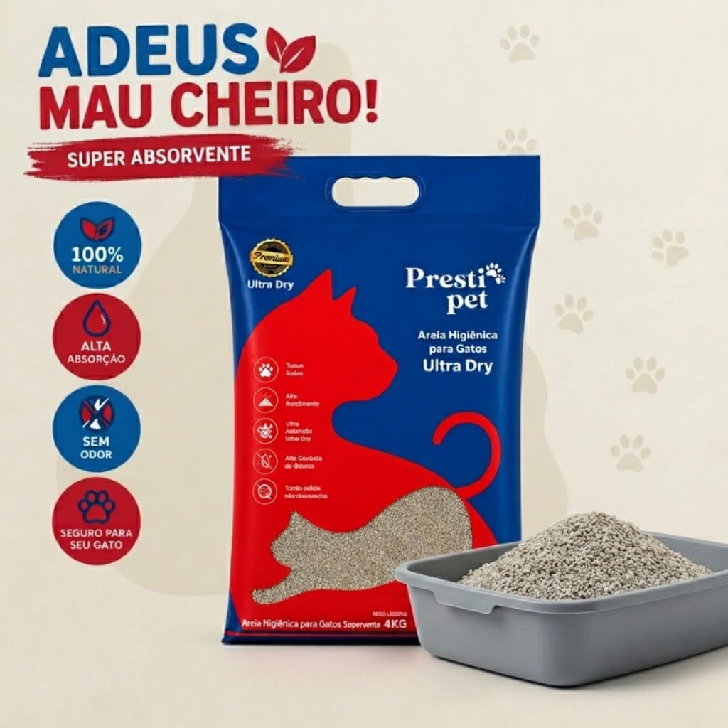 Areia Higiênica para Gatos Ultra Dry 4kg Presti Pret Forma Torrões e Elimina Odores