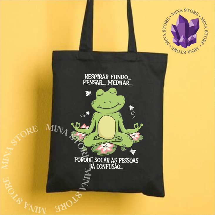 Ecobag Sapinho Meditando em Algodão 30x40cm Sacola Ecológica Resistente