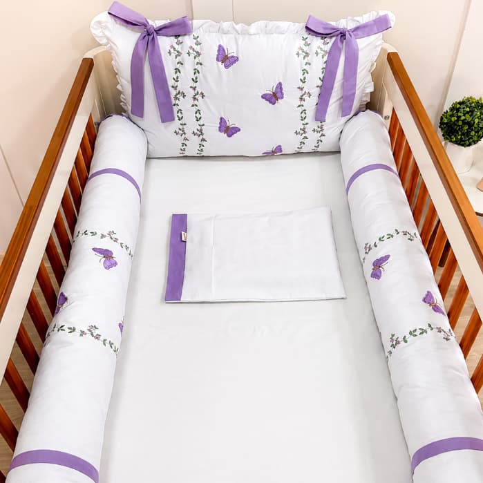Kit Berço Americano Protetor Menina Lilás Borboleta Luxo 100% Algodão Bordado Minimalista Lilas