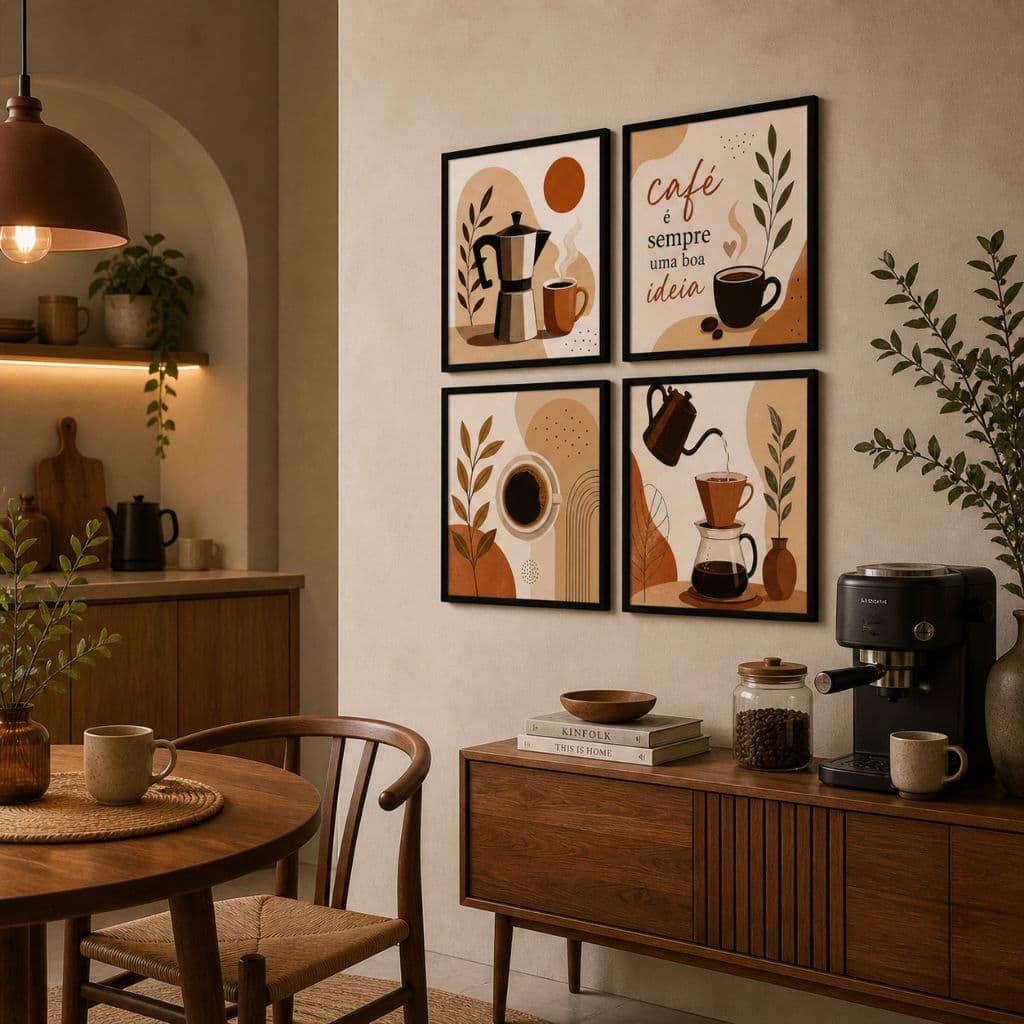 Kit Quadros Café 4 Peças  Decoração Moderna Cozinha Frases Café Estilo Sofisticado