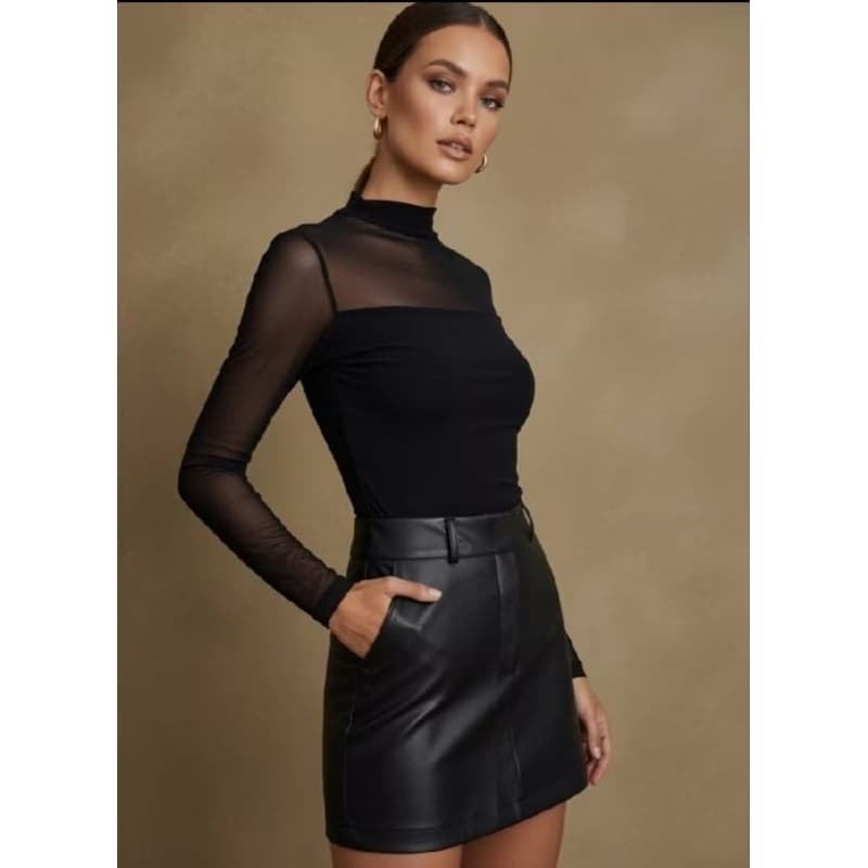Short Saia Couro Femenino Elegante ,Moderna Cintura Alta Ziper Lateral