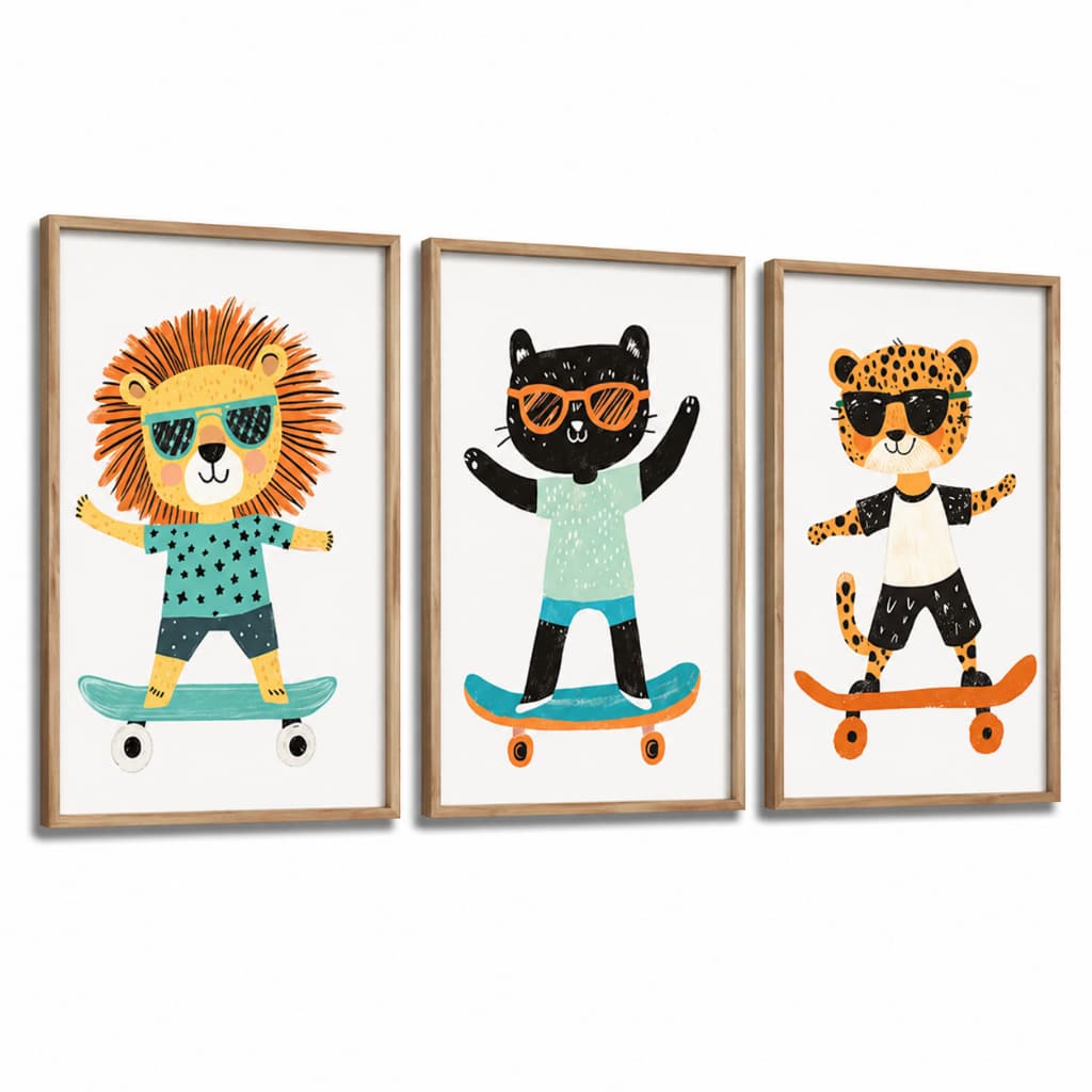 Kit 3 Quadros Decorativos Infantil | Quarto Bebê Menino | Skate, Animais Safari Skatista - No161