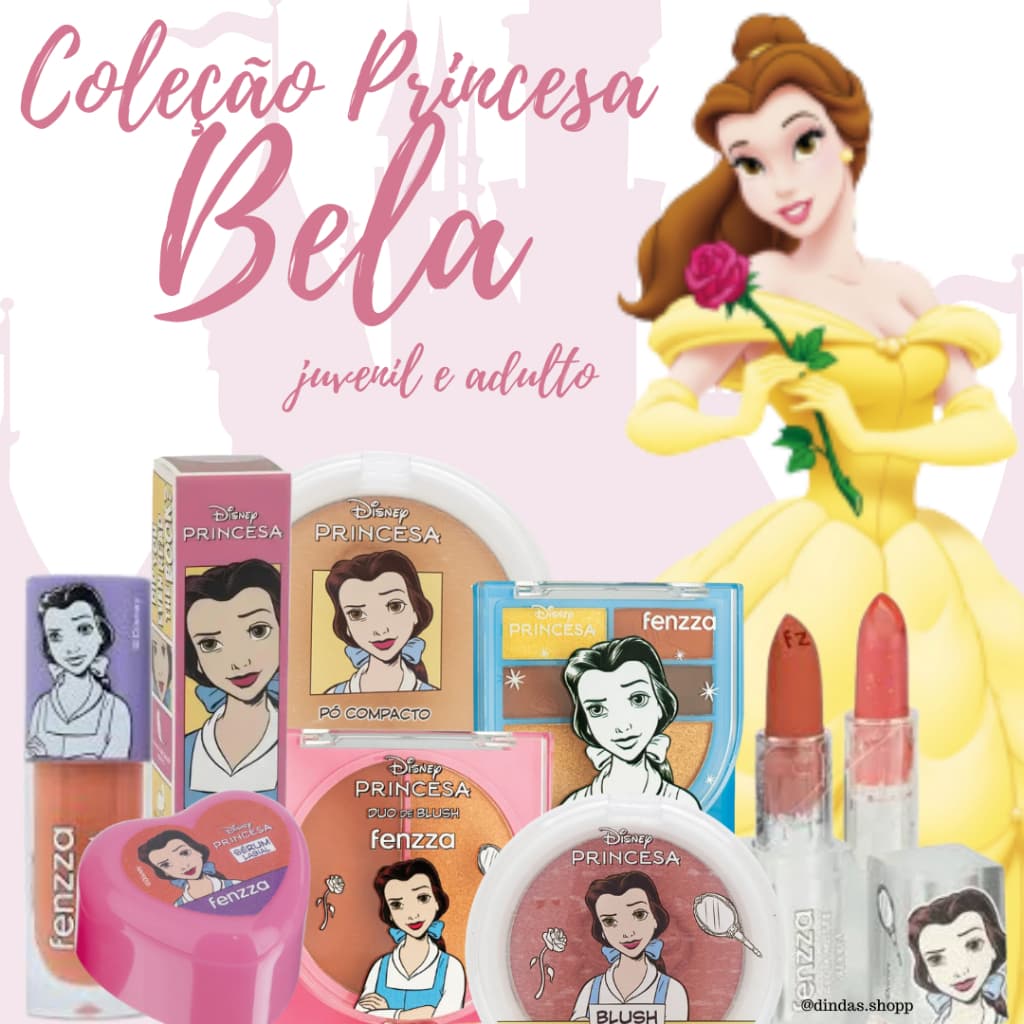 Coleção de Maquiagem Princesa Bela - Pó, Blush, Iluminador, Gloss, Batom - Compacto - Disney Fenzza