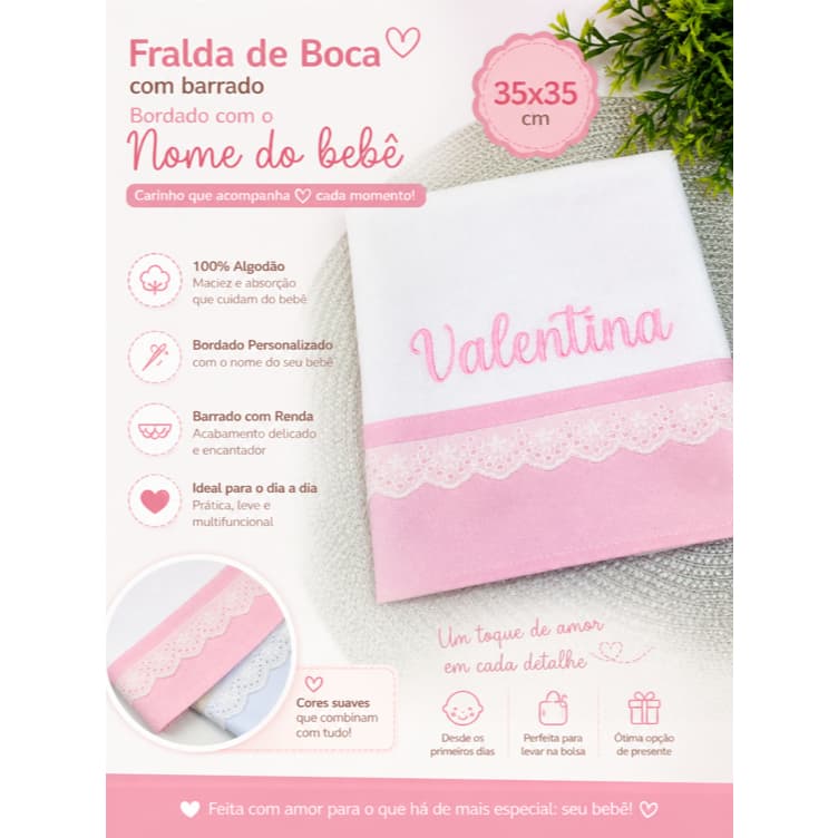 Fralda de Boca 35x35 com Barrado e Renda Bordada | Nome Personalizado Bebê