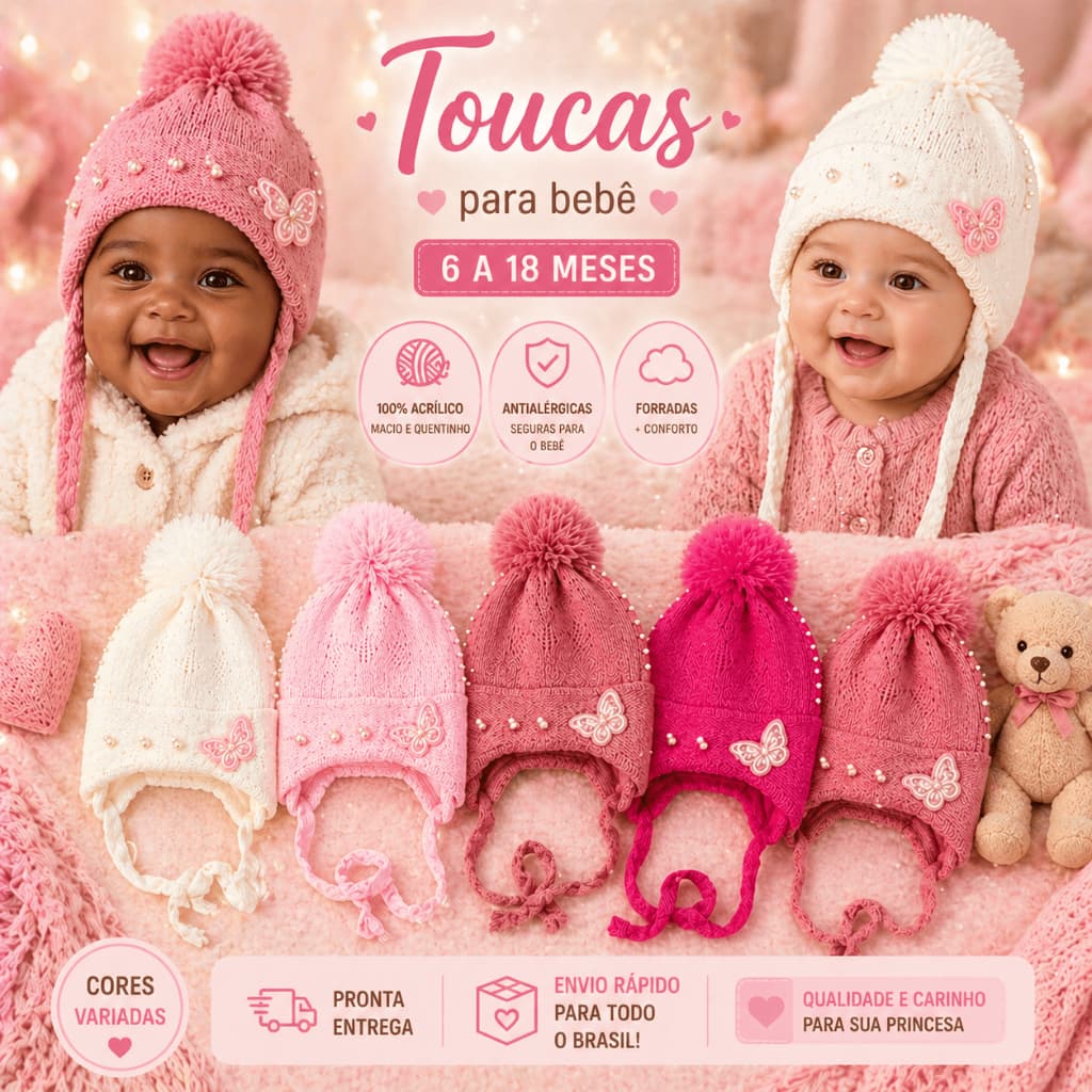 Touca Infantil Meninas Bebe Touquinha Pérola Borboleta Pompom Fofo Bebe até 18 Meses