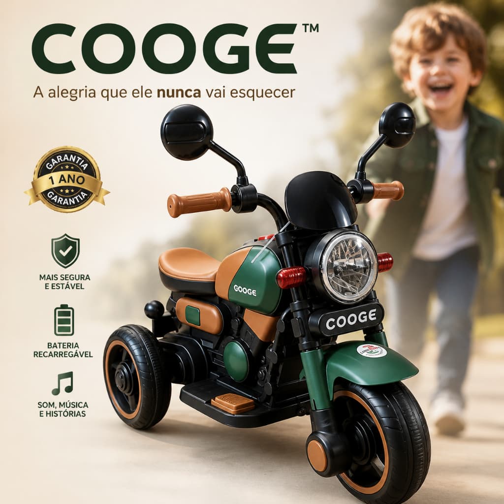 Moto Elétrica Infantil  UNITOYS COOGE™ Retrô Verde com Bateria Recarregável + Segura e Estável para Crianças