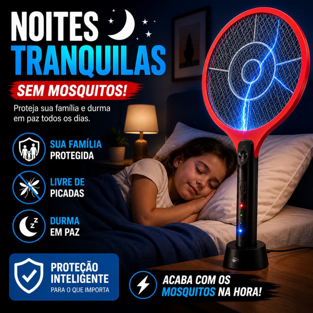 Raquete Mata Mosquito Elétrica USB Recarregável MosqKill Pro Insetos Pernilongo Casa