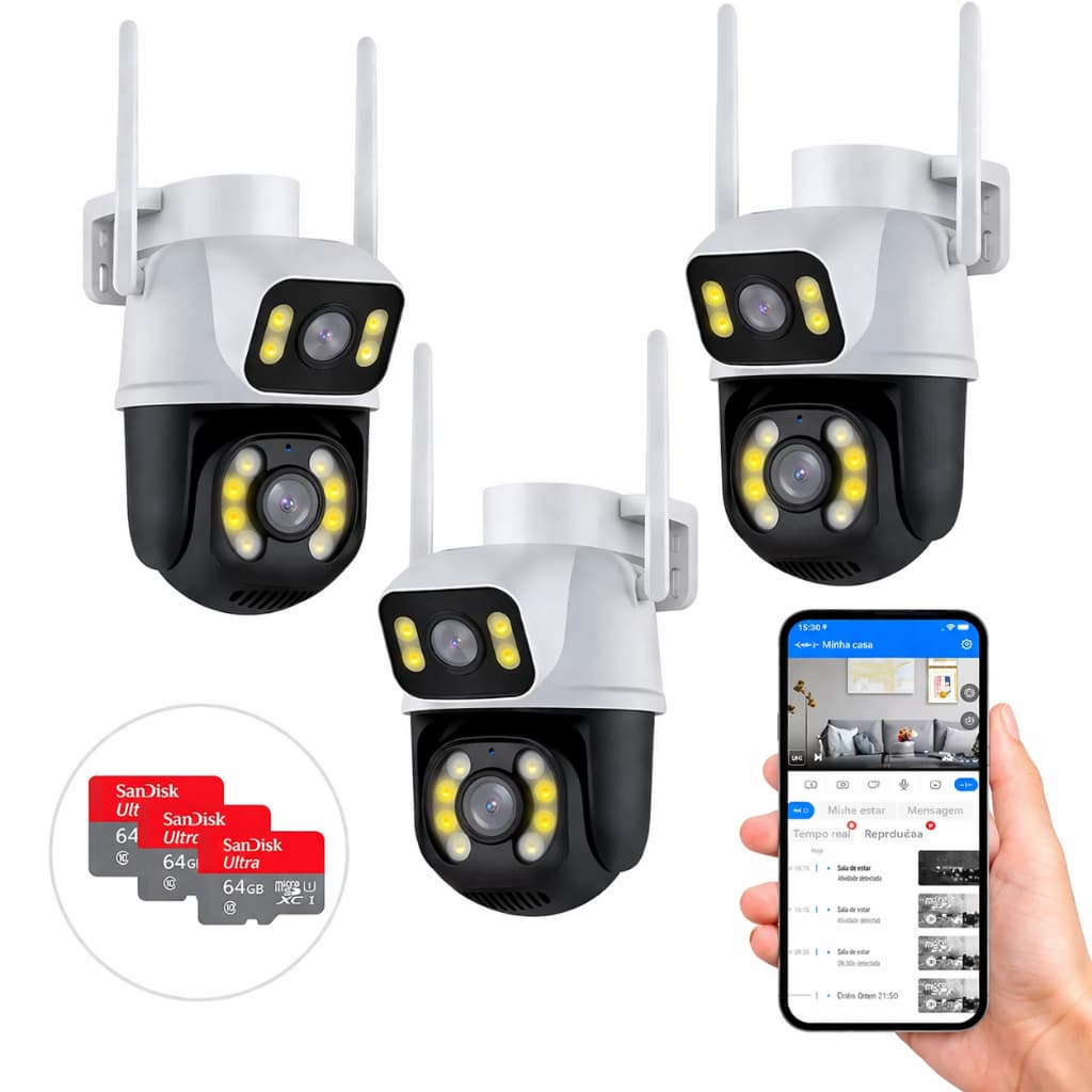 Kit 3 Câmera Externa Ip Wifi Icsee 8mp Segurança C/ Visão Noturna 4K PV Dágua 360 Rotação +3 SD 64GB
