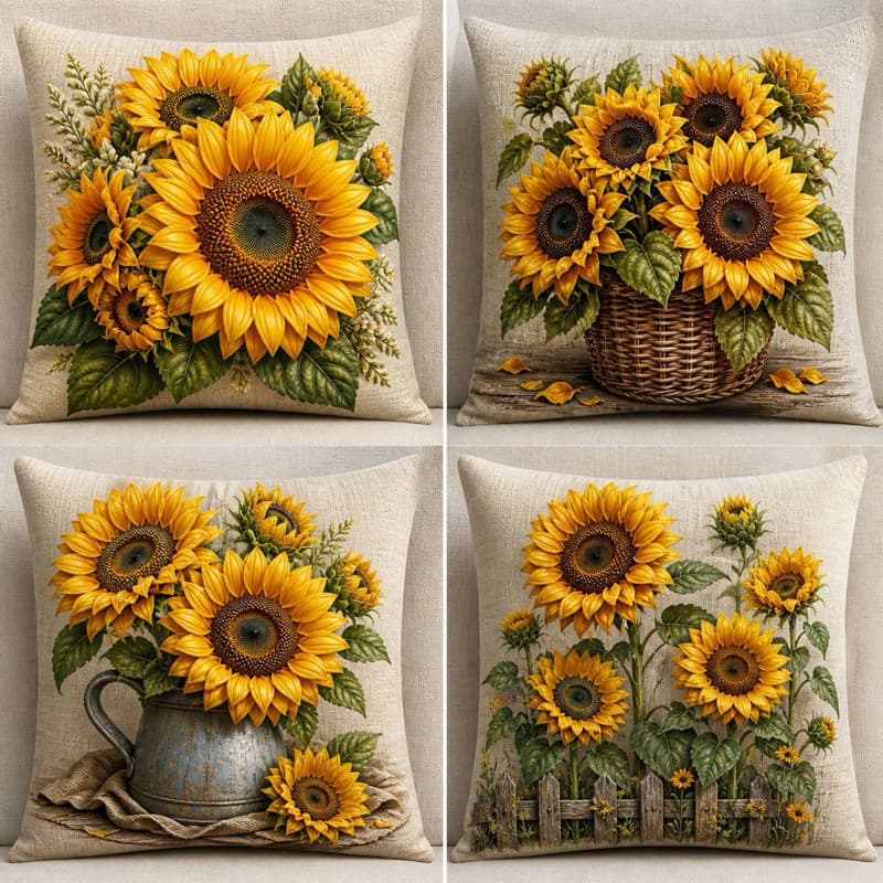 Kit 4 capas de almofadas flores estampadas decorativas girassol