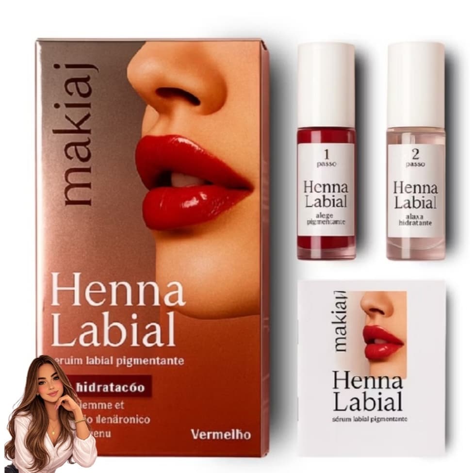 Henna Labial Makiaj Rosa ou Vermelha 3ml Serum Labial Hidratante e Pigmentação