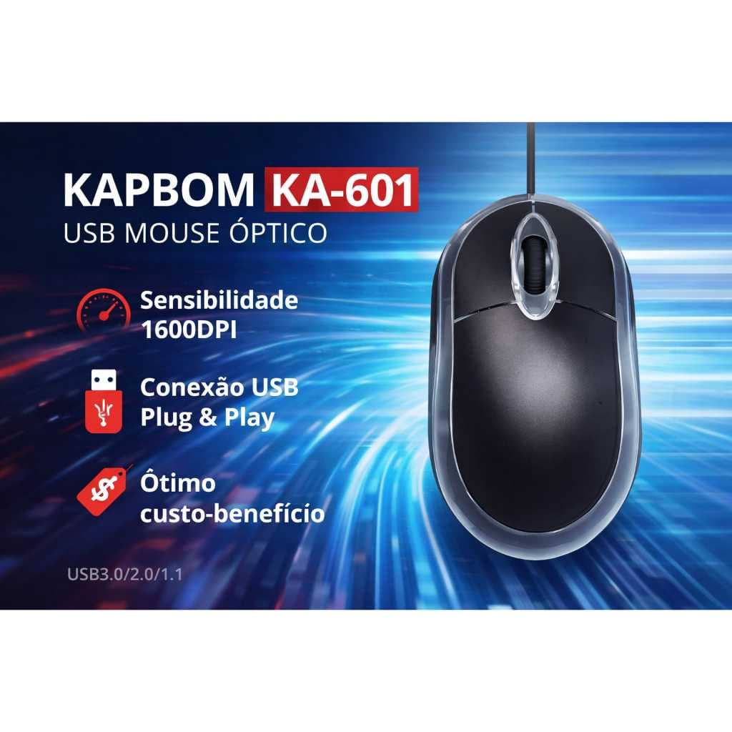 Mouse Com Fio Multi Preto ka_601 Conexão USB 1200dpi, Cabo 180cm, 3 Botões, Clique Silencioso