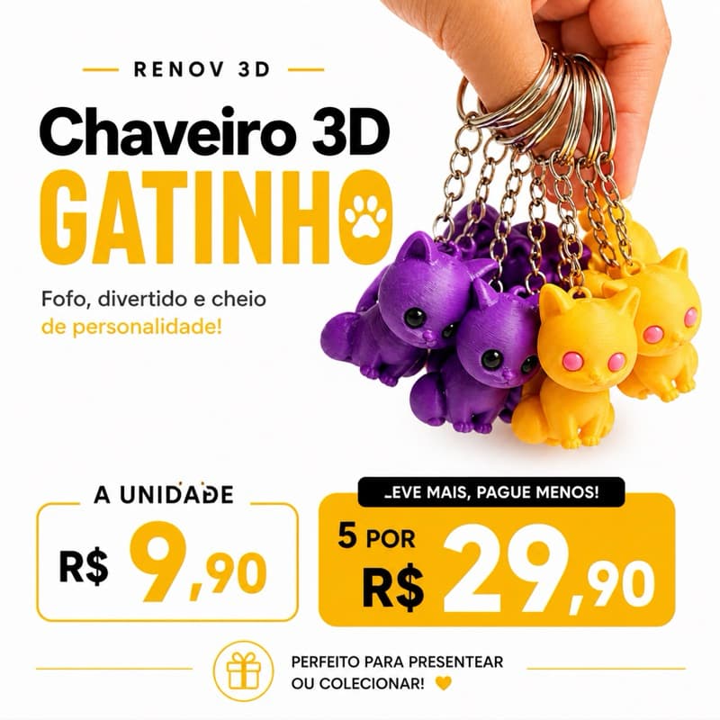 Chaveiro Gatinho 3D Fofo