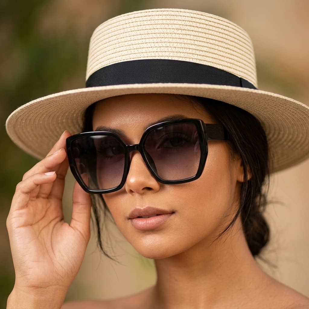 Kit Chapéu Palheta Paris Feminino + Óculos Sol Grande UV400 Estilo Elegante Praia Moda Atual MD-68