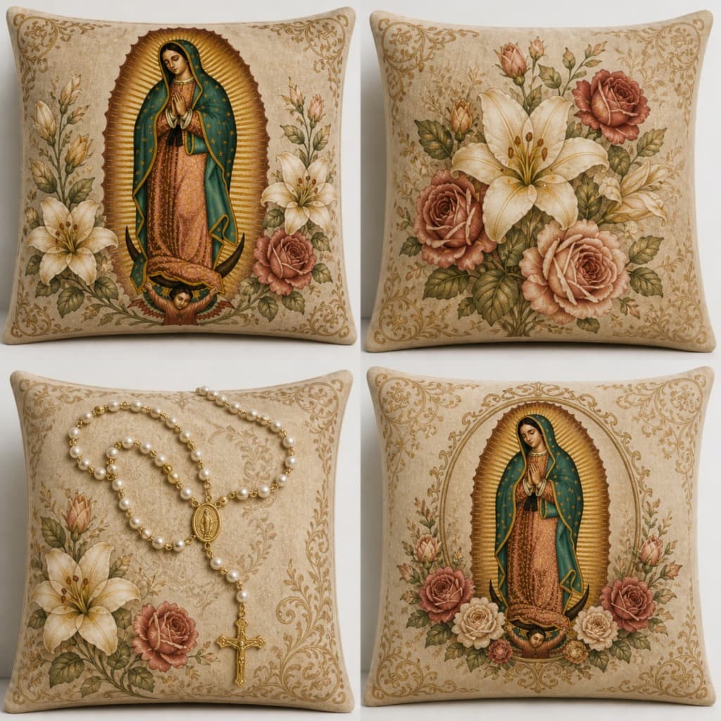 Kit 4 capas de almofadas NOSSA SENHORA DE GUADALUPE estampa moderna e flores efeito 3d