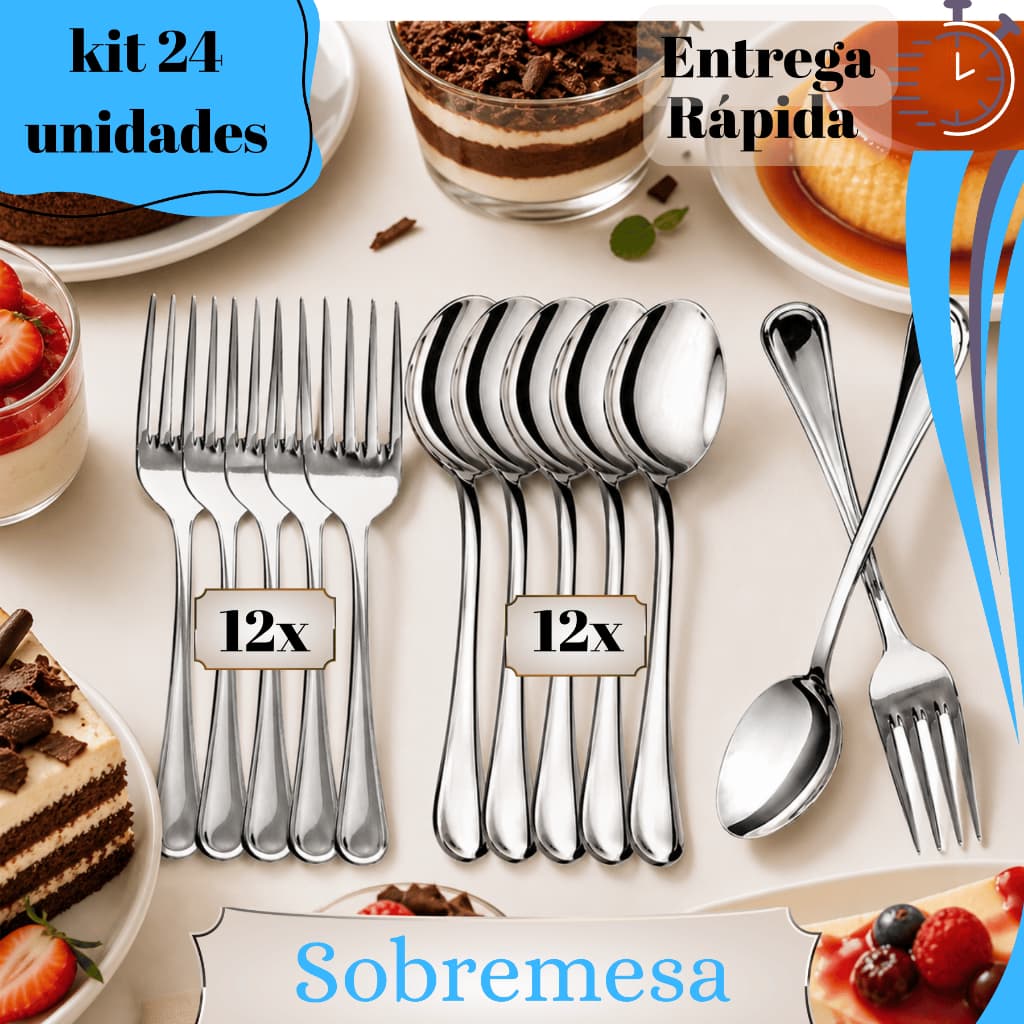 Kit Talheres Sobremesa Inox 24 36 Peça Garfo Colher Uso Diário Cozinha Restaurante Buffet  Luxo Inox