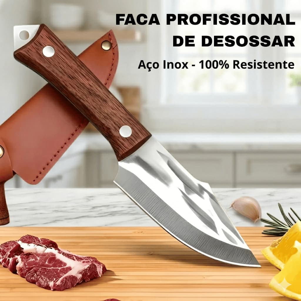 Faca de Desossa Profissional Forjada Artesanal com Bainha – Cutelo Rústico para Churrasco e Cozinha