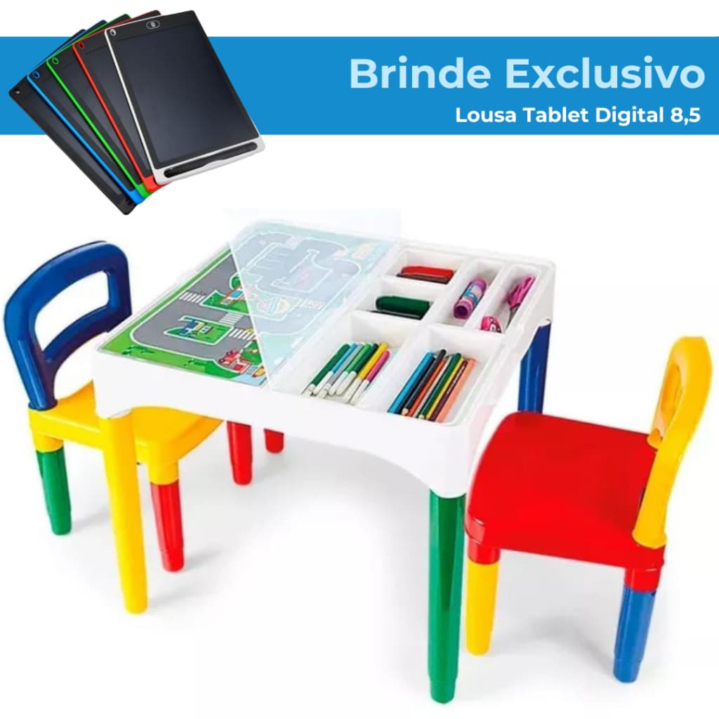 Mesinha Mesa Poliplac com 2 Cadeiras - Brinde Especial Tablet Losa Digital 8,5
